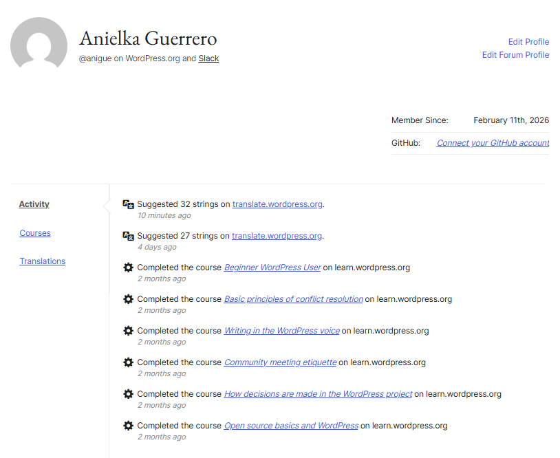 User profile for Anielka Guerrero on WordPress.org, displaying activity history and courses completed related to WordPress.
